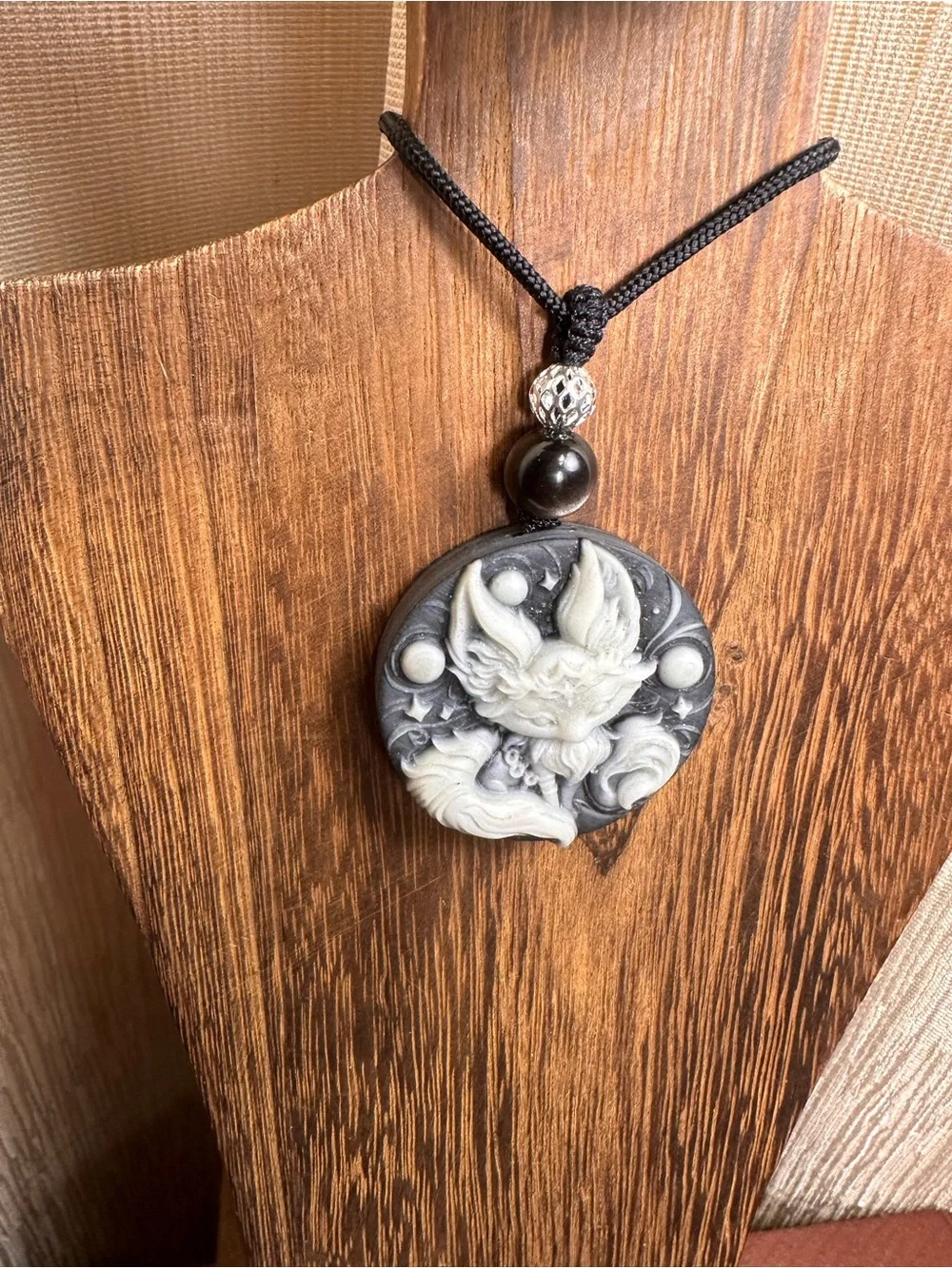 Tai Chi Stone Fox Pendant Necklace on Black Rope